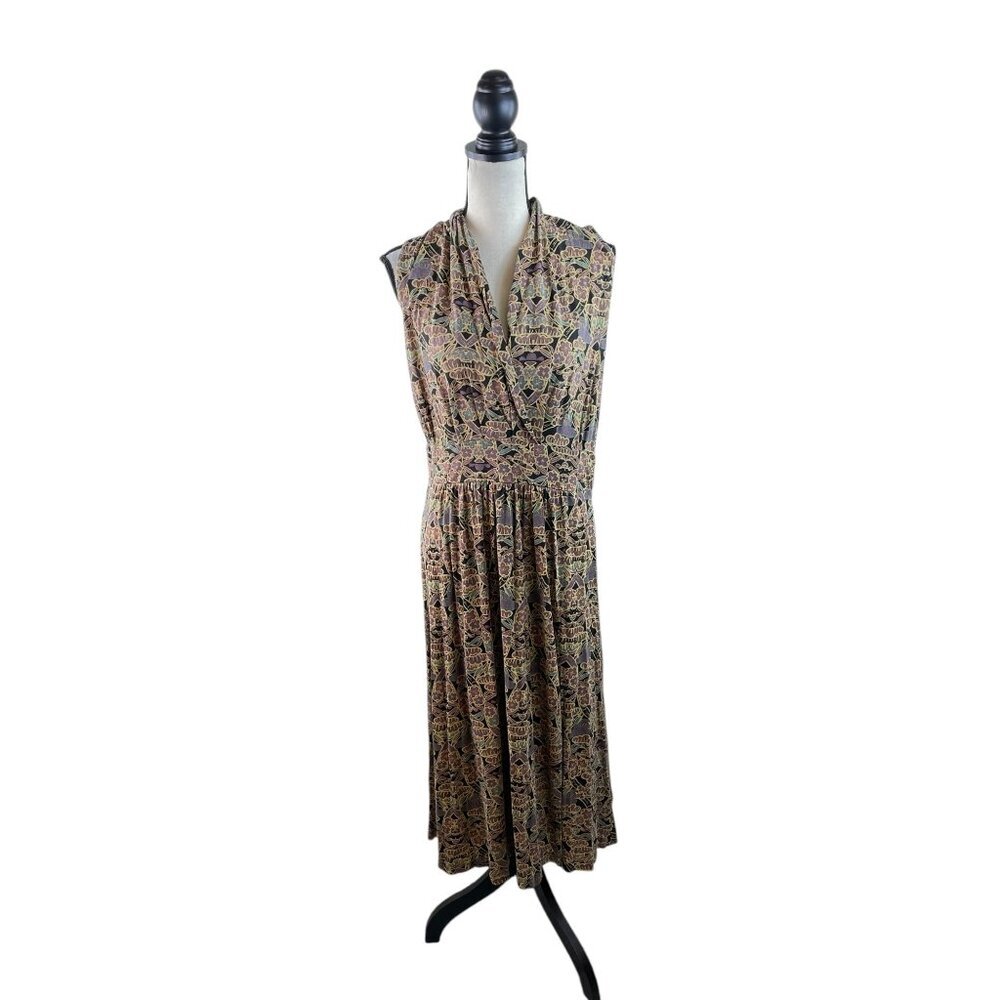 Peruvian Connection Sleeveless Floral Print Midi Dress With V-Neckline L